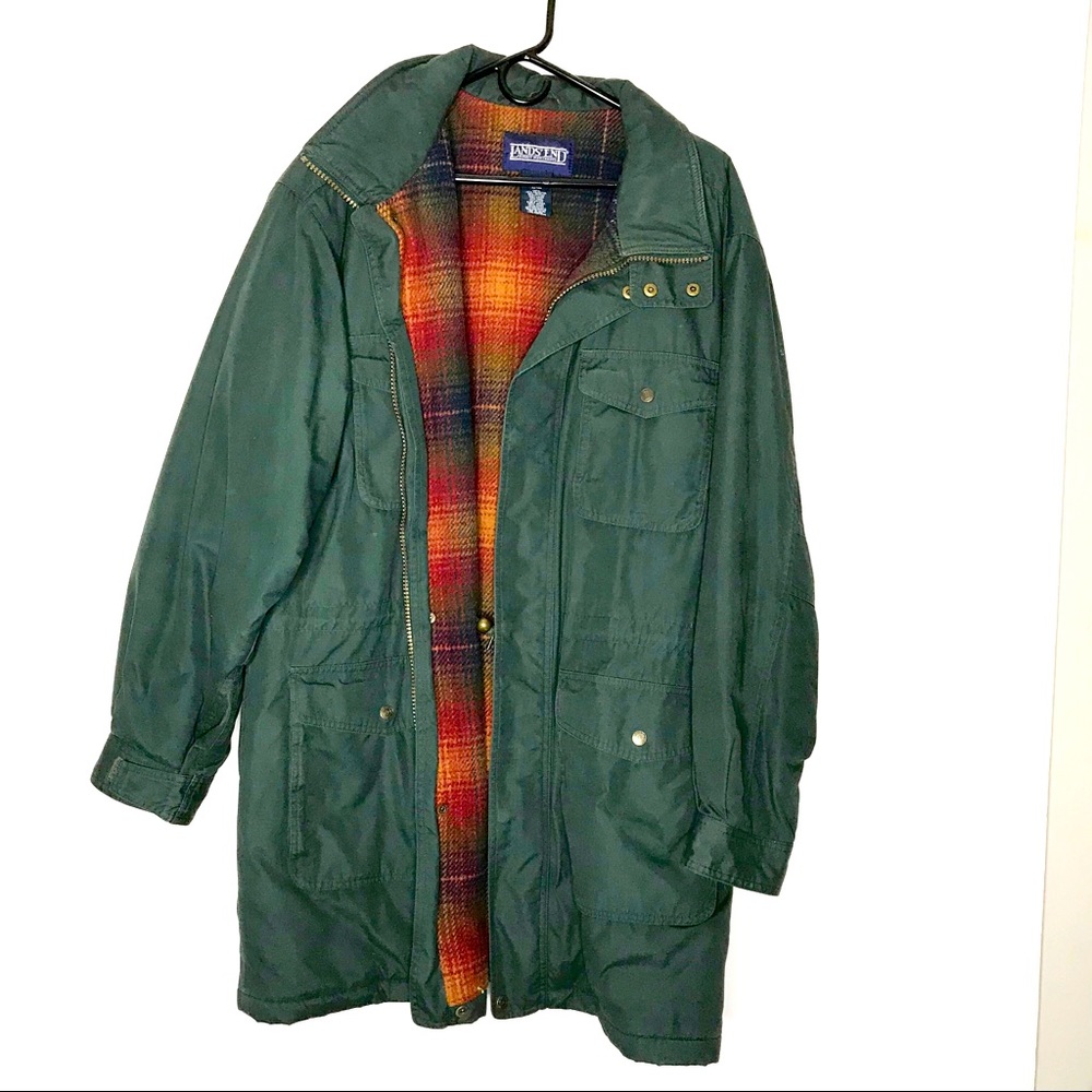 Lands' End Green Ski Jacket with Red-Orange Plaid Lining